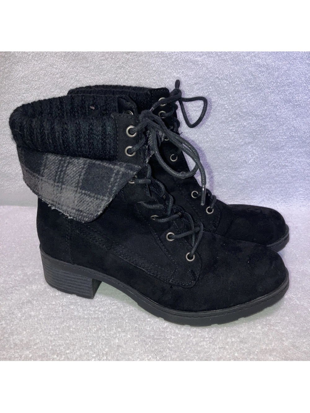 Brash Warwick Y2K Black Combat Ankle Boots Plaid Fold Down Sweater Collar Sz 7.5